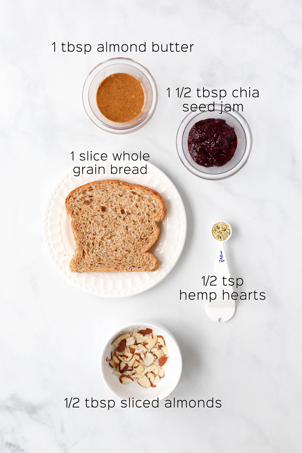 ingredients needed to make the almond butter toast with jam