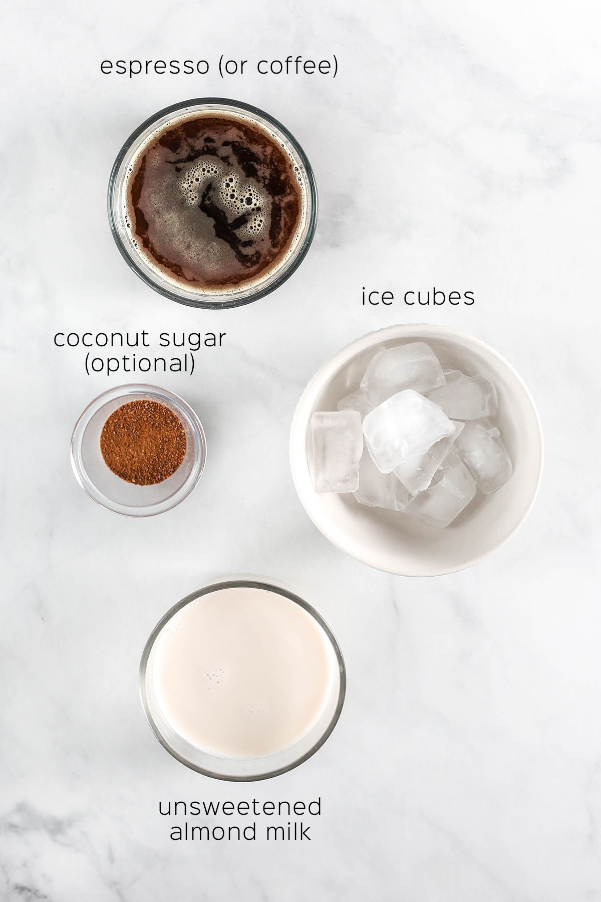 the ingredients you need to make an almond milk latte with ice