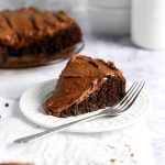 a slice of chocolate cake on a plate with a fork
