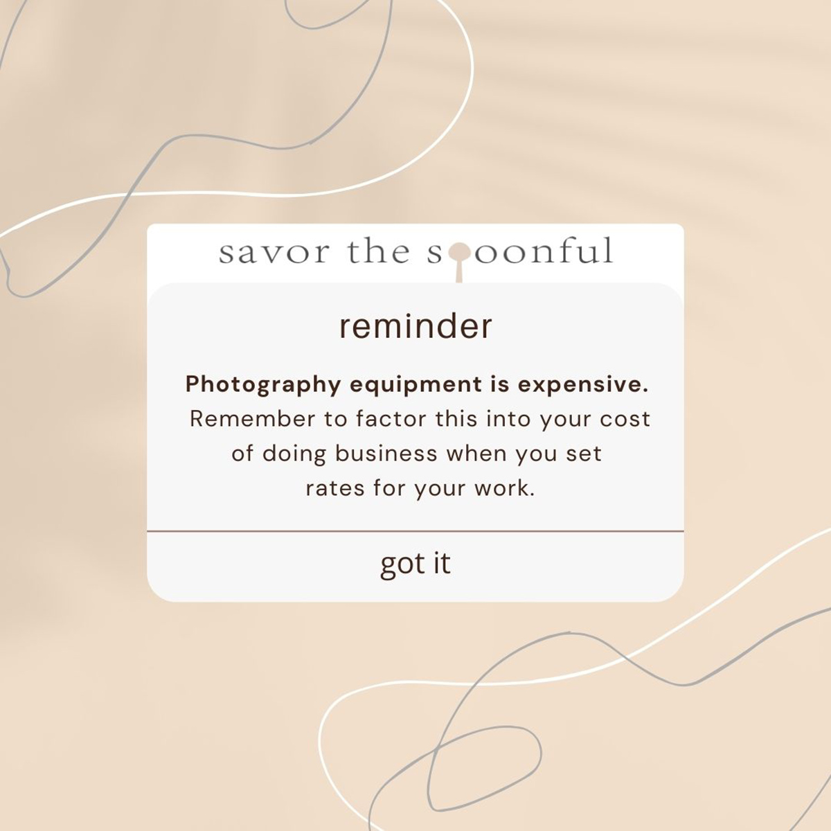 a graphic image saying that photography equipment is expensive and you must factor this into your cost of doing business when you set rates for your work