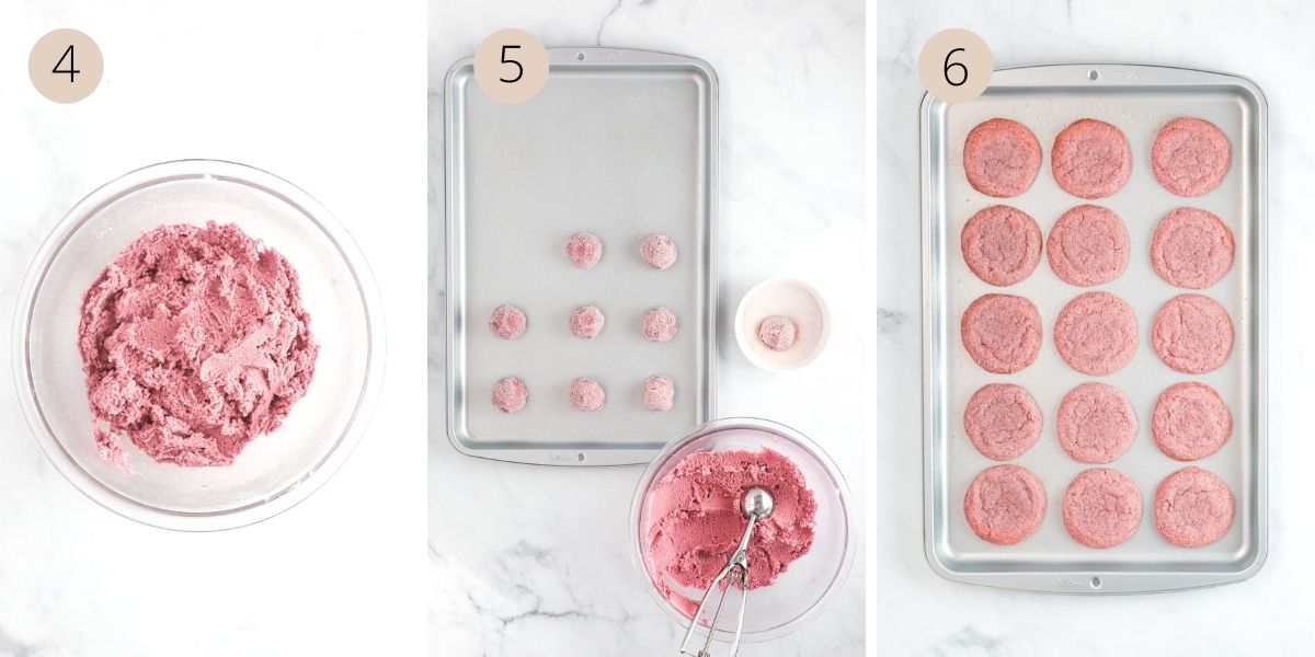 adding the pink food coloring to the dough, scooping the dough into balls, and baking the cookies.