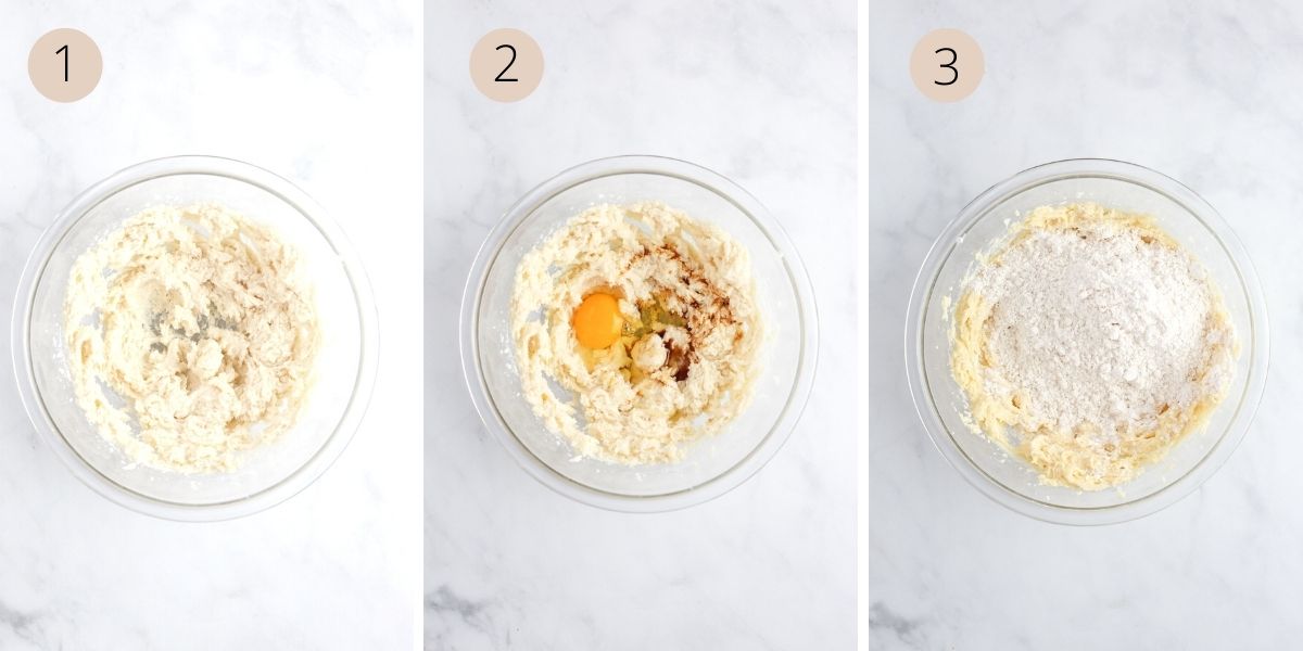three images in a collage, depicting the first three steps of making the gluten free sugar cookies: creaming the vegan butter, adding the egg, and adding the flour.