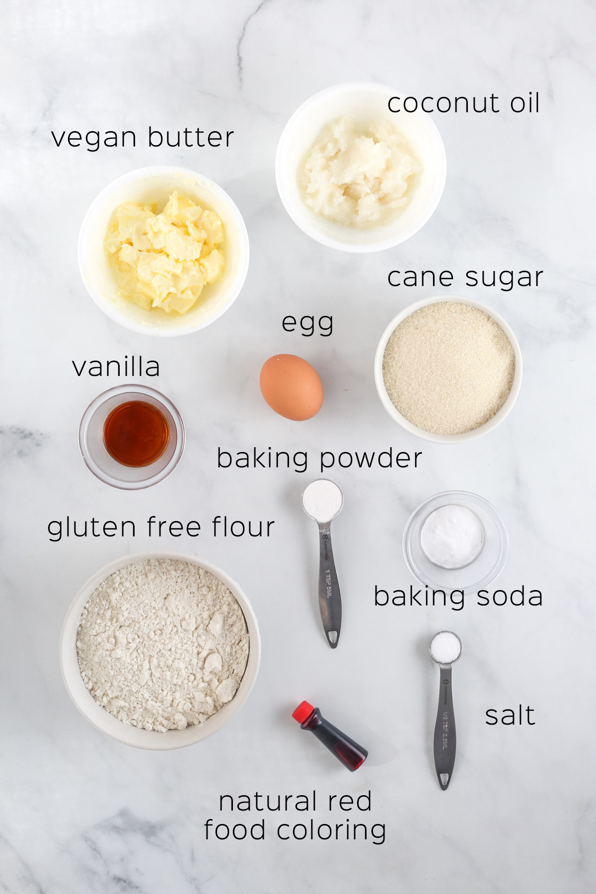all of the ingredients needed to make the cookies, including gluten-free flour, coconut oil, and more.