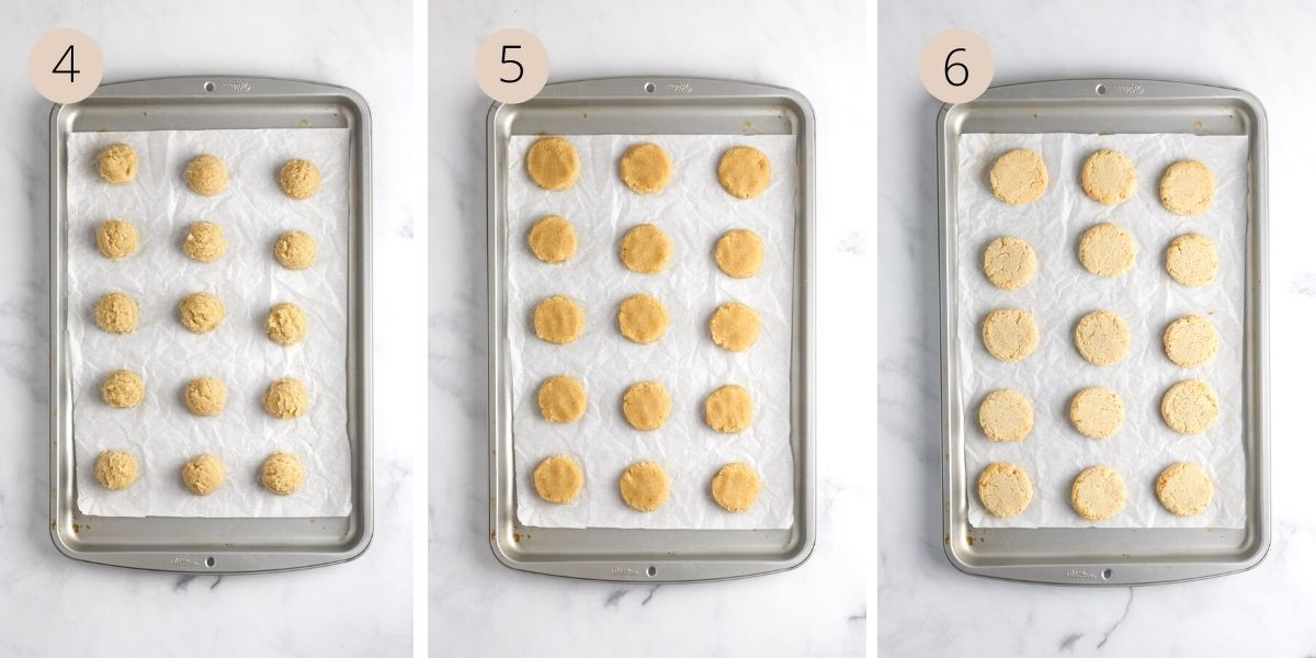 a collage of three images showing balls of lemon cookie dough on a baking sheet, flattening the dough, and baking the cookies.
